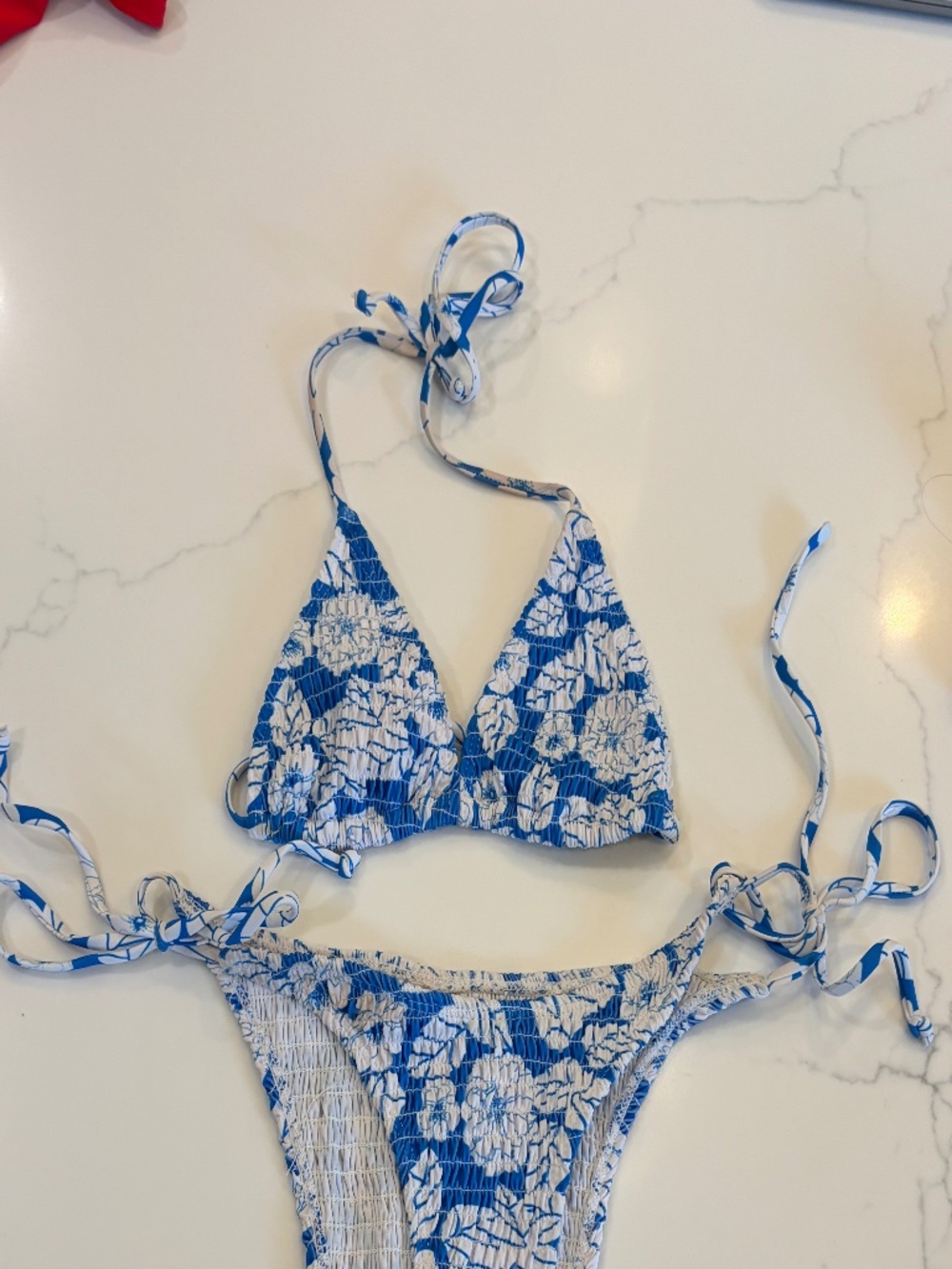 Blue & White Floral Smocked Tie Side Bikini Set